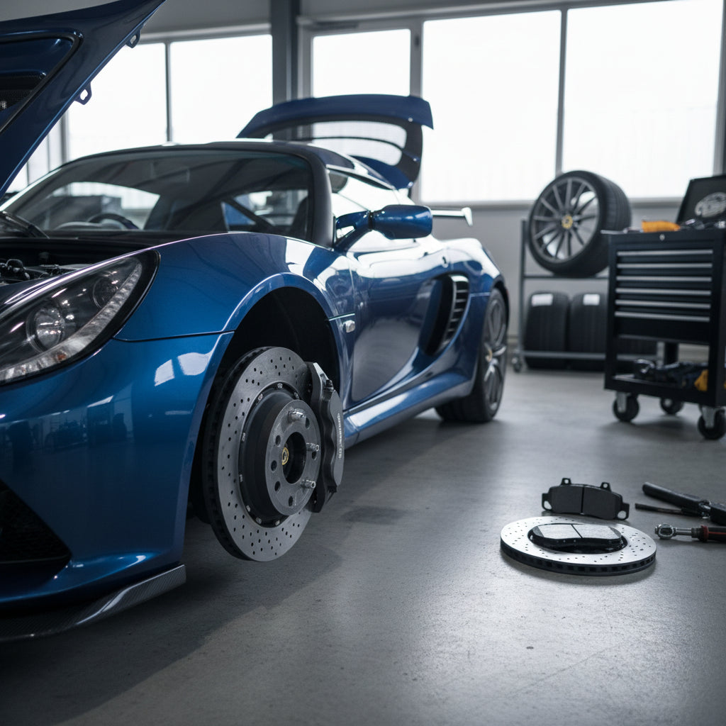 A high-performance Lotus Exige featuring lightweight aftermarket carbon ceramic brake rotors and performance calipers for tra