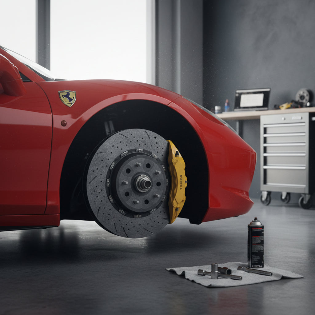 A close-up view of the Ferrari 458 Italia carbon ceramic brake rotor and Brembo caliper in an urban environment