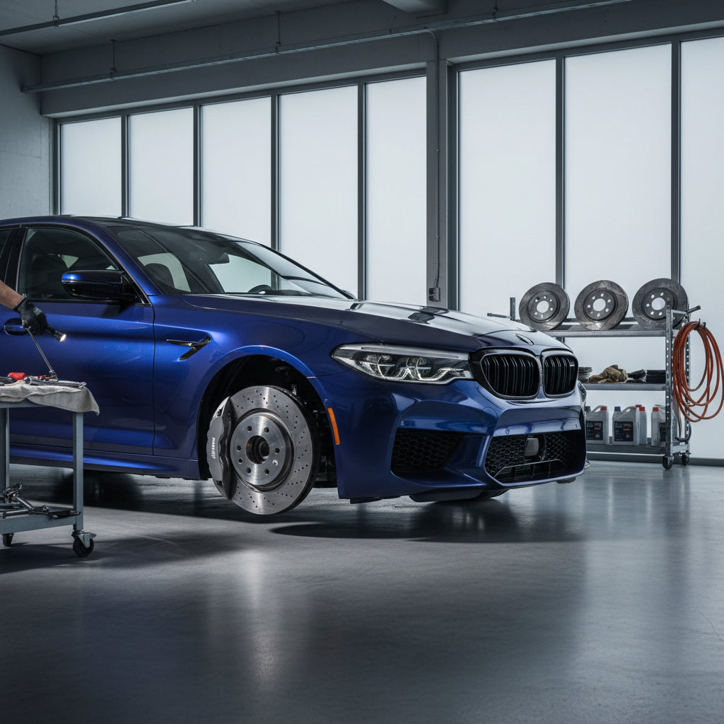 A BMW M5 F90 performance braking system featuring blue M-Compound calipers and large ventilated iron rotors