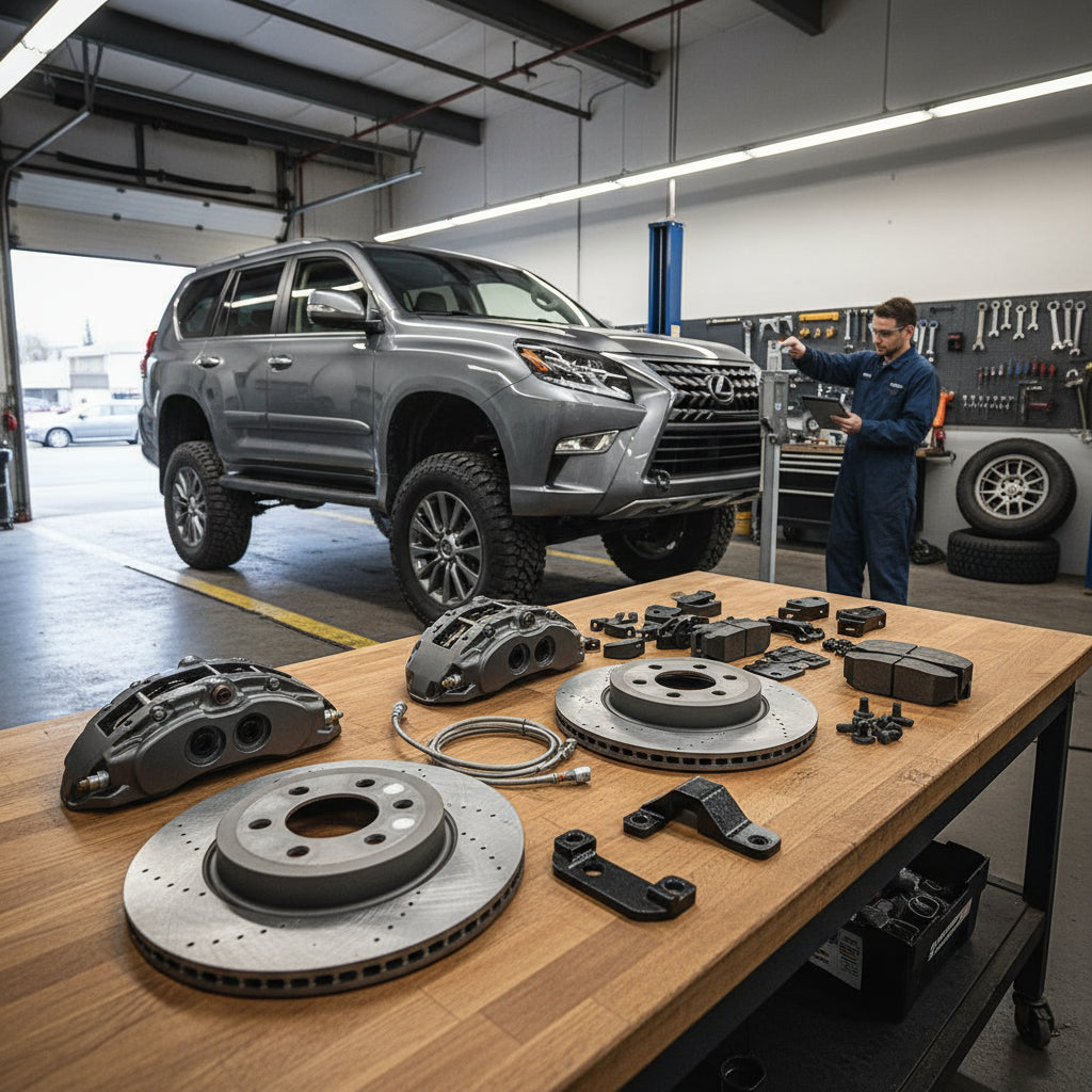 A front-wheel assembly of a Lexus SUV featuring a high-performance Big Brake Kit with oversized rotors and multi-piston calip