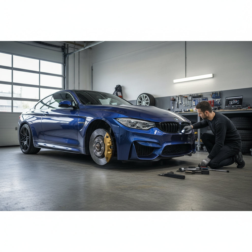 A close-up inspection of gold calipers and carbon ceramic brake rotors on a BMW F82 M4 highlighting surface texture and wear