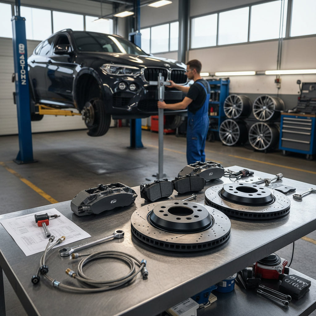 A high-performance BMW Big Brake Kit featuring large calipers and carbon ceramic rotors for an X6M SUV