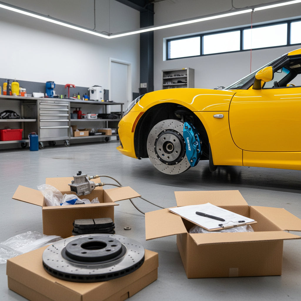 A close-up view of a Lotus Exige V6 wheel showing high-performance aftermarket brake rotors and multi-piston calipers