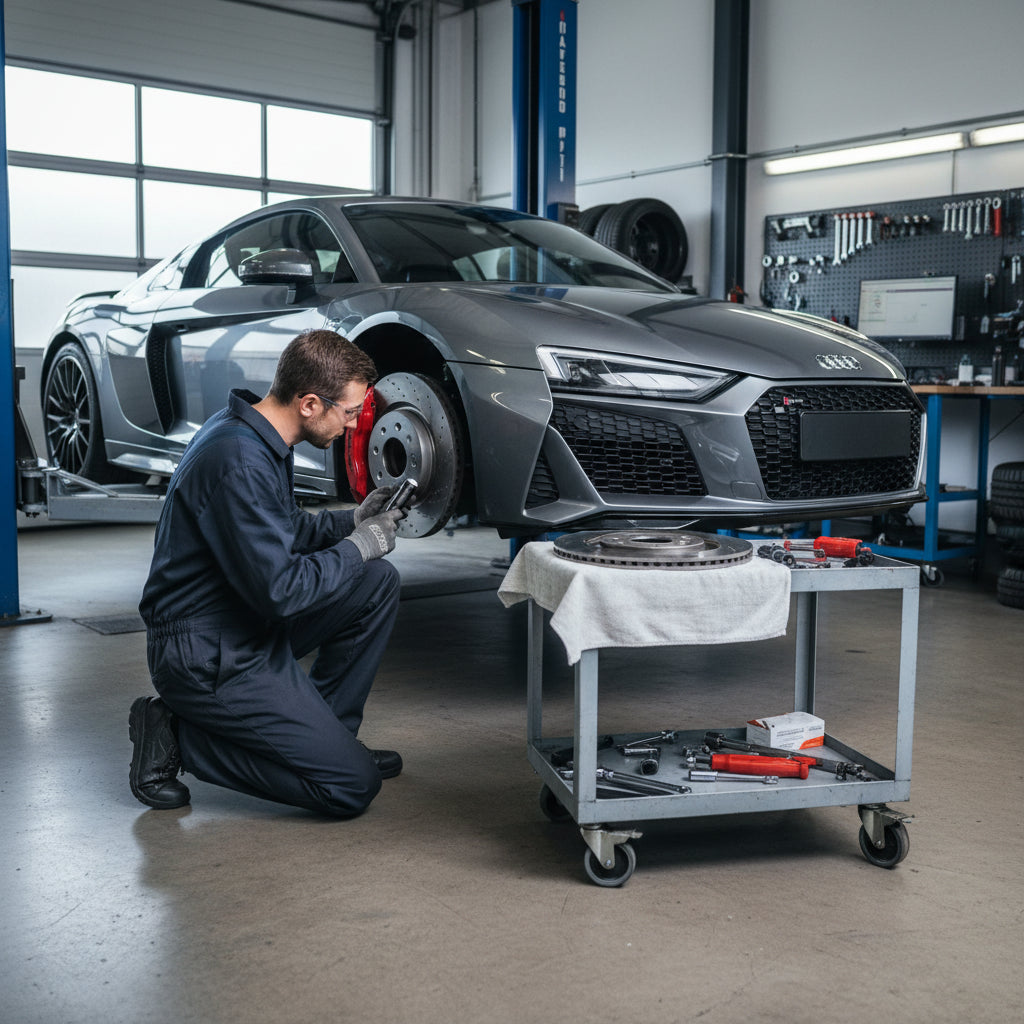 A close-up of a carbon ceramic brake rotor and caliper assembly on a high-performance Audi R8 Gen 2