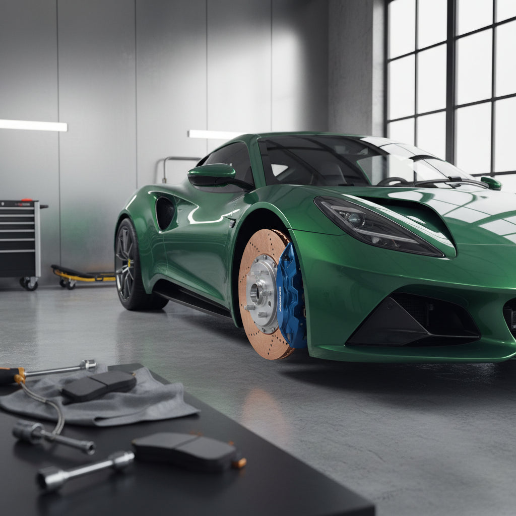 A close-up of a high-performance Lotus Emira featuring carbon ceramic brake rotors and track-ready calipers for improved stop