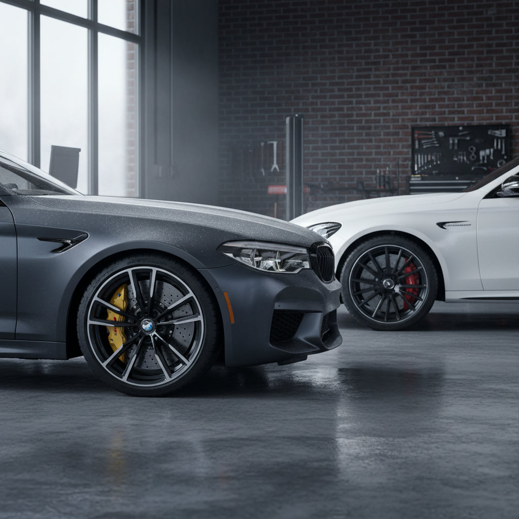 A close-up view of a high-performance gold brake caliper and carbon ceramic rotor on a premium German sports sedan