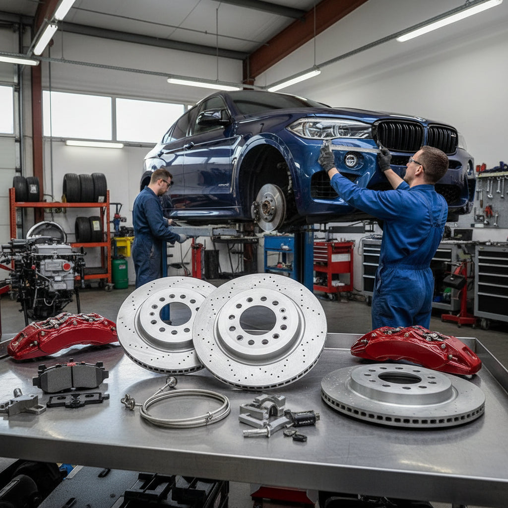 A high-performance BMW Big Brake Kit installed on a luxury SAV, featuring large calipers and oversized rotors