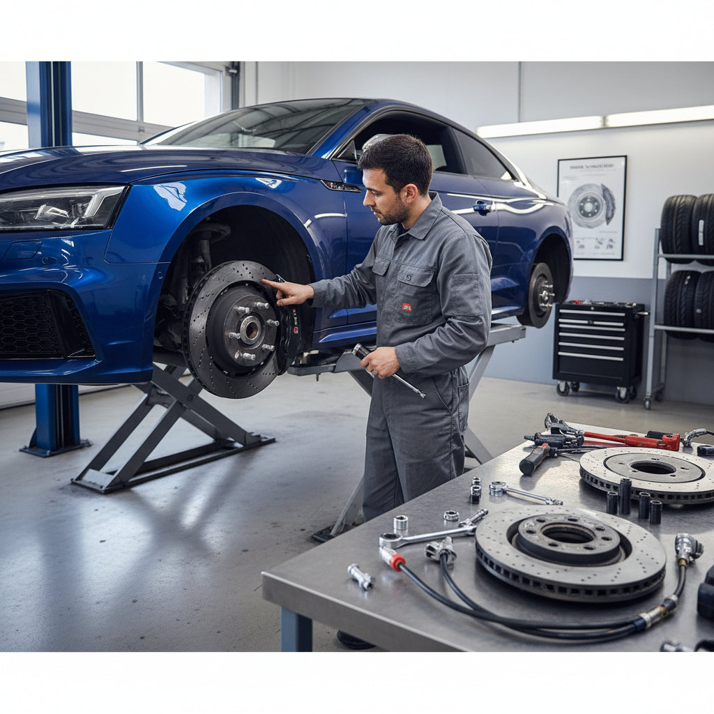 A close-up of a high-performance Audi RS5 equipped with large carbon ceramic brake rotors and multi-piston calipers