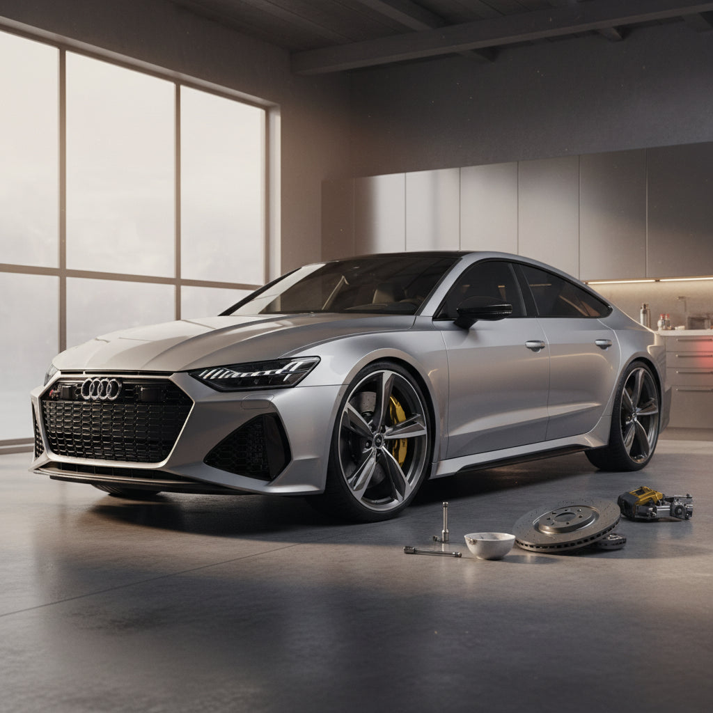 A close-up view of a high-performance carbon ceramic brake rotor and caliper fitted to an Audi RS7 sportback