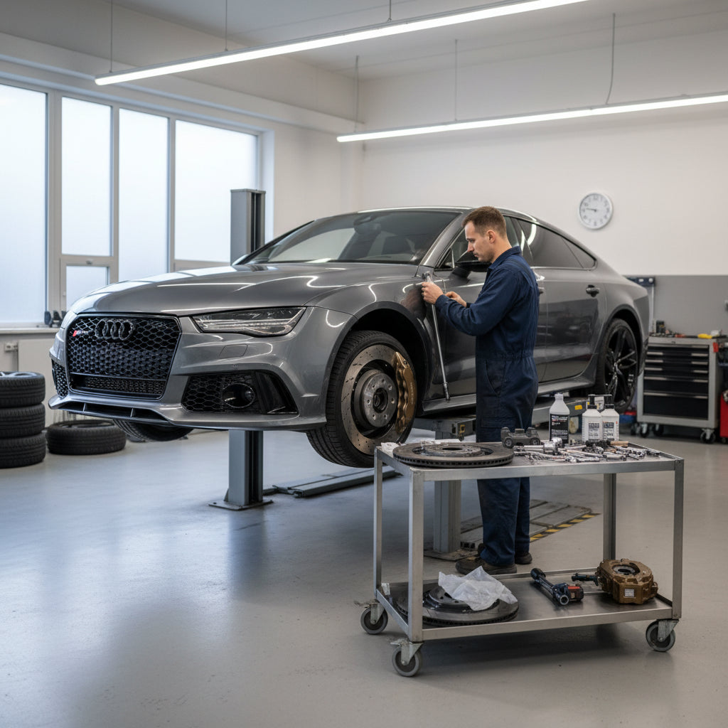 A complete Audi RS7 carbon ceramic brake conversion kit featuring 440mm front rotors and specialized multi-piston calipers