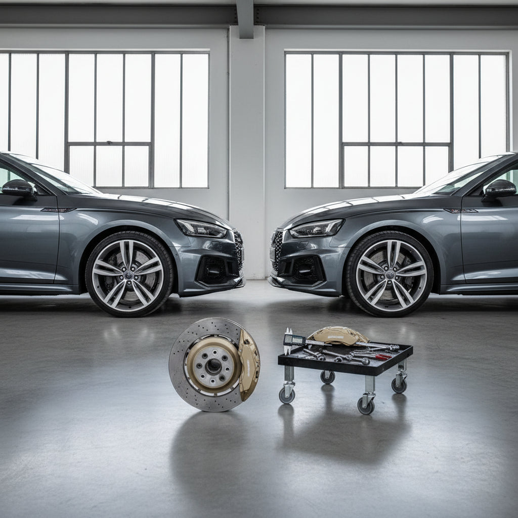 A close-up view of the 400mm front carbon ceramic brake rotor and grey caliper on an Audi RS5 B9