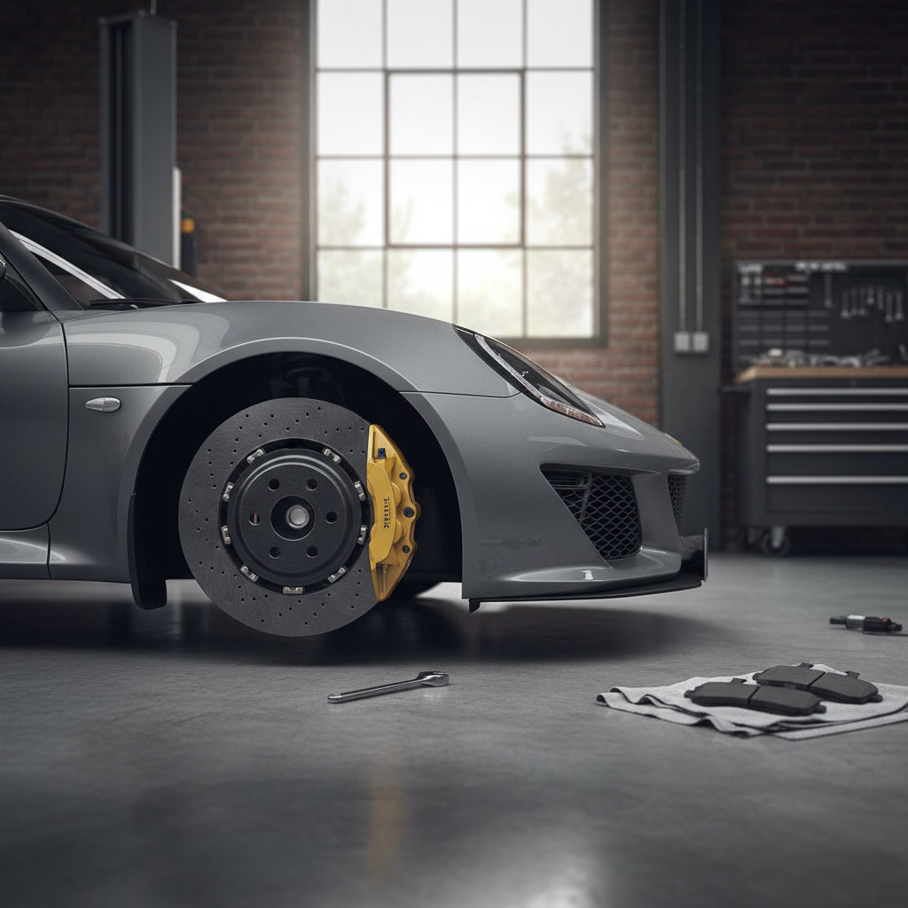 A lightweight Lotus Exige showing the wheel assembly and high-performance brake rotor setup for track use