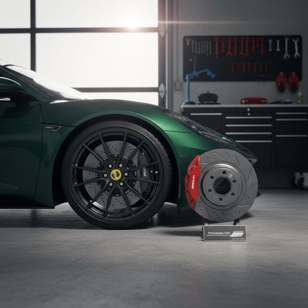 A detailed comparison of carbon ceramic brake rotors versus standard performance brake pads for the Lotus Emira