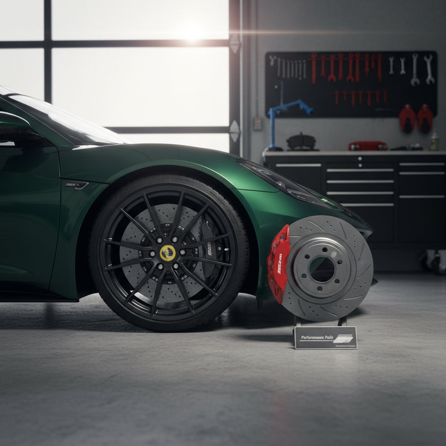 A detailed comparison of carbon ceramic brake rotors versus standard performance brake pads for the Lotus Emira