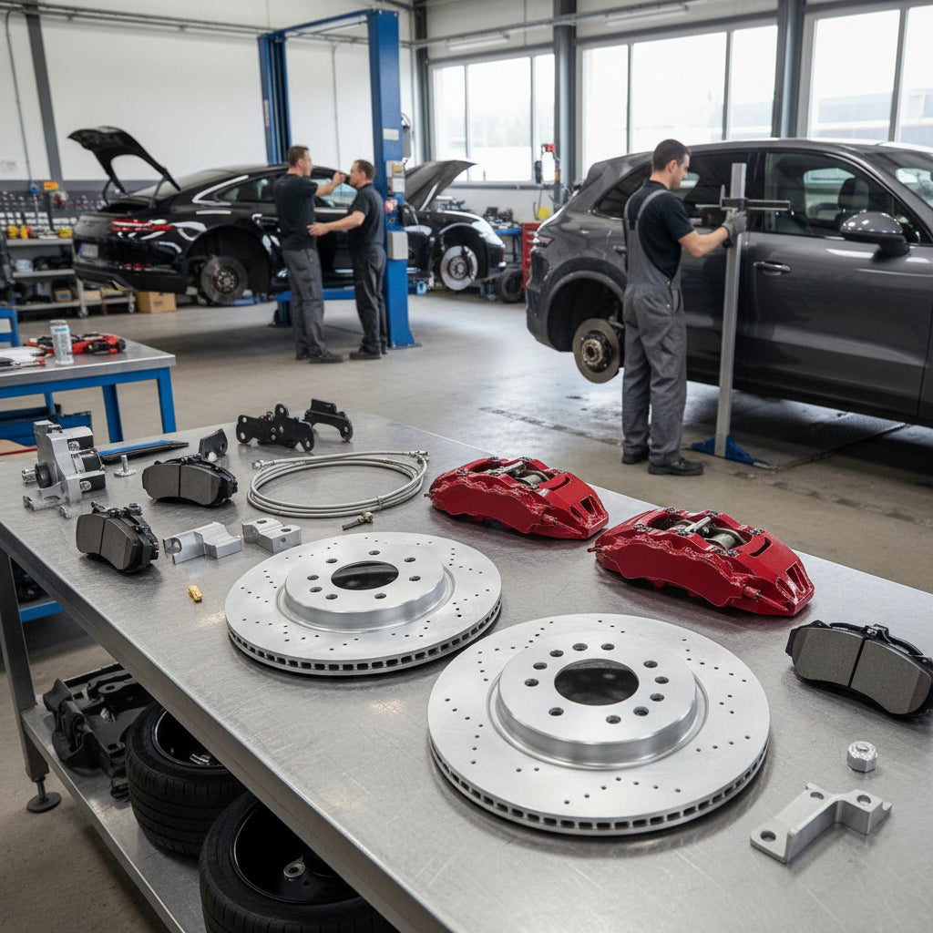 A high-performance Porsche Big Brake Kit featuring large diameter rotors and multi-piston calipers