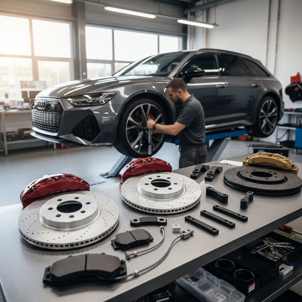 High-performance Audi Big Brake Kit installed on an RS6 showcasing rotor and caliper clearance