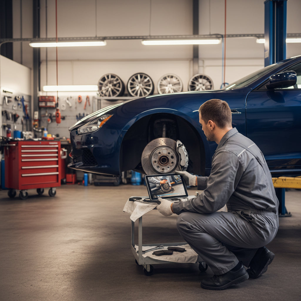 A close-up view of a Maserati Ghibli braking system showing the caliper and rotor assembly during a maintenance procedure