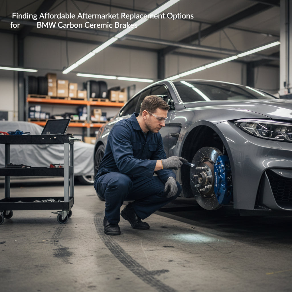 A high-performance BMW M-series braking system featuring gold calipers and carbon ceramic rotors during a maintenance inspect