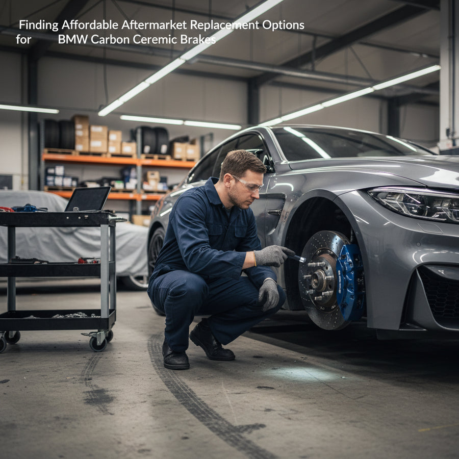 A high-performance BMW M-series braking system featuring gold calipers and carbon ceramic rotors during a maintenance inspect