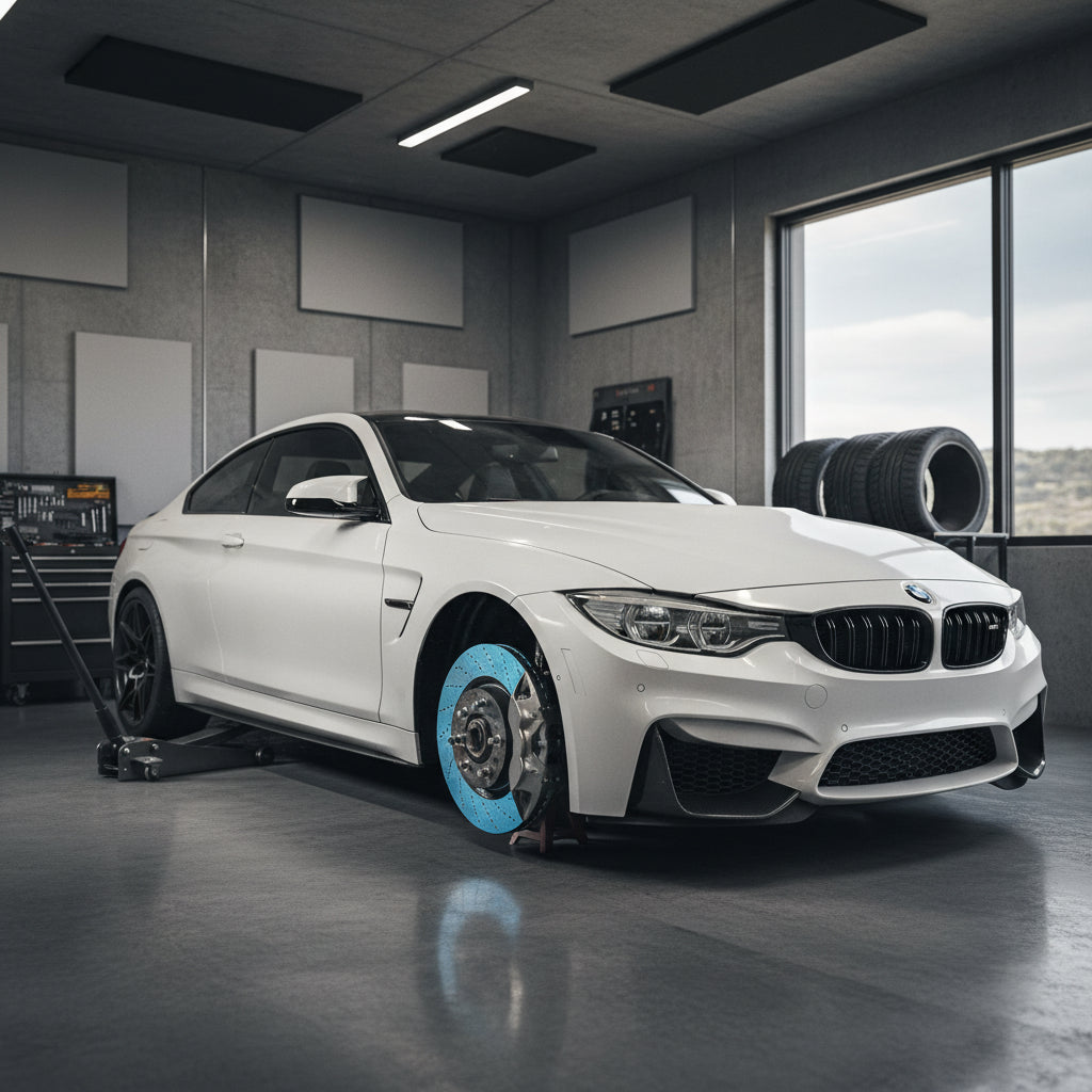 A 2015 BMW M4 F82 at a race track with focus on the front brake assembly and alloy wheels