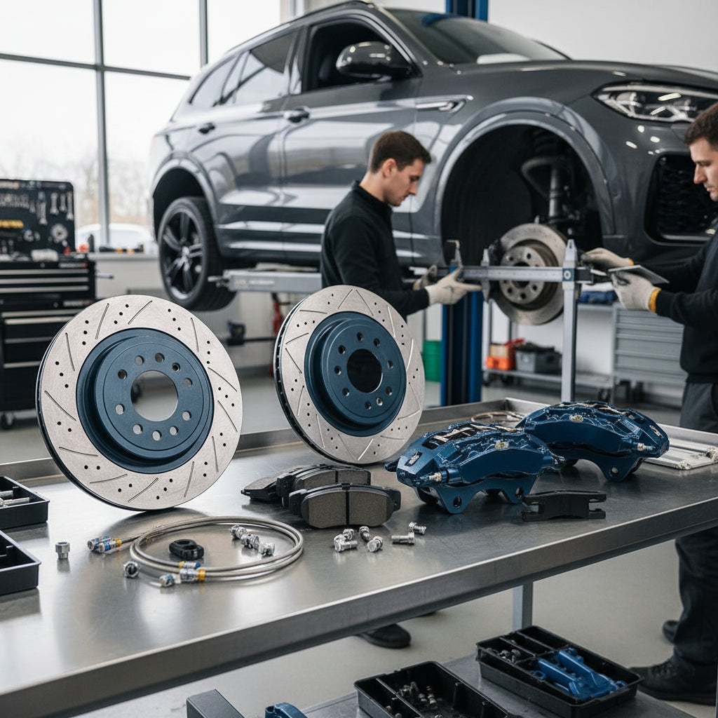 A high-performance Big Brake Kit featuring multi-piston calipers and large rotors for a BMW X5M or X6M SUV
