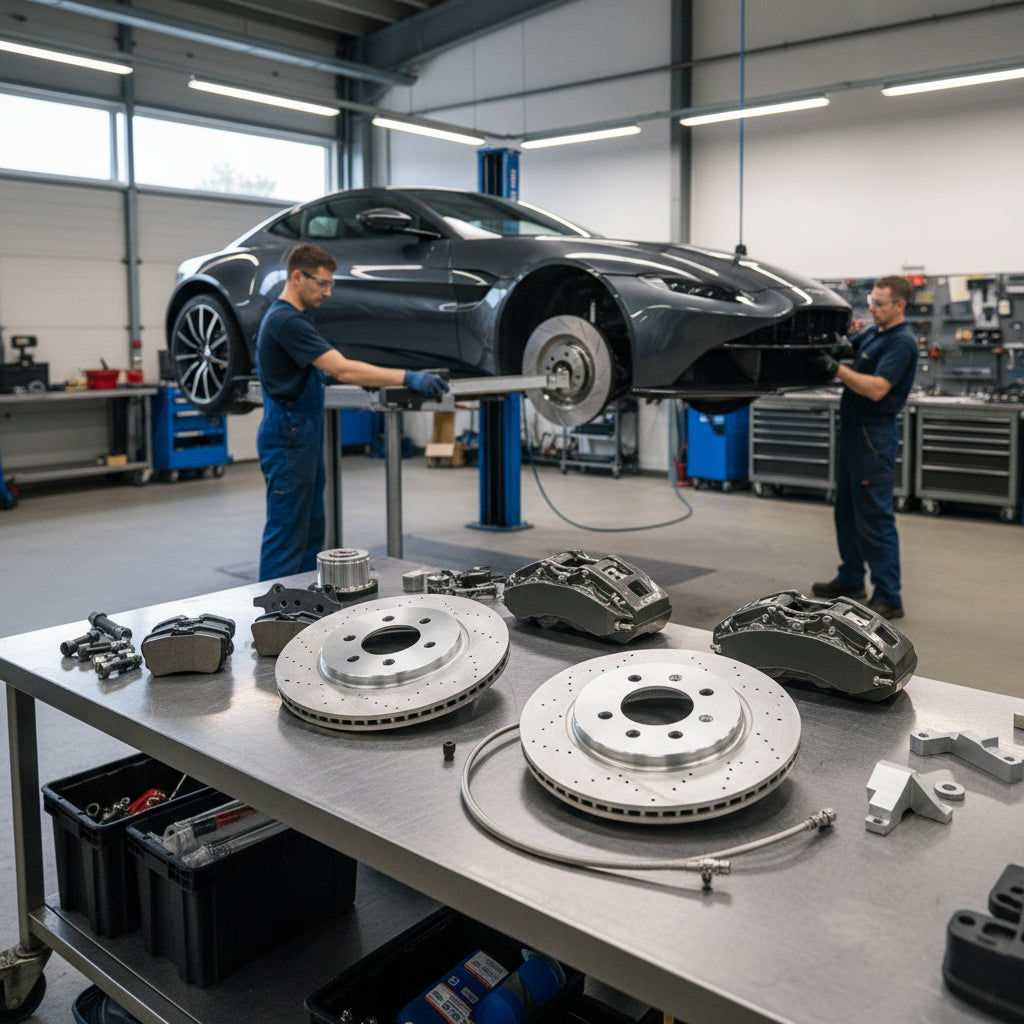 Aston Martin Vantage Big Brake Kit components including performance calipers and carbon ceramic rotors for wheel clearance