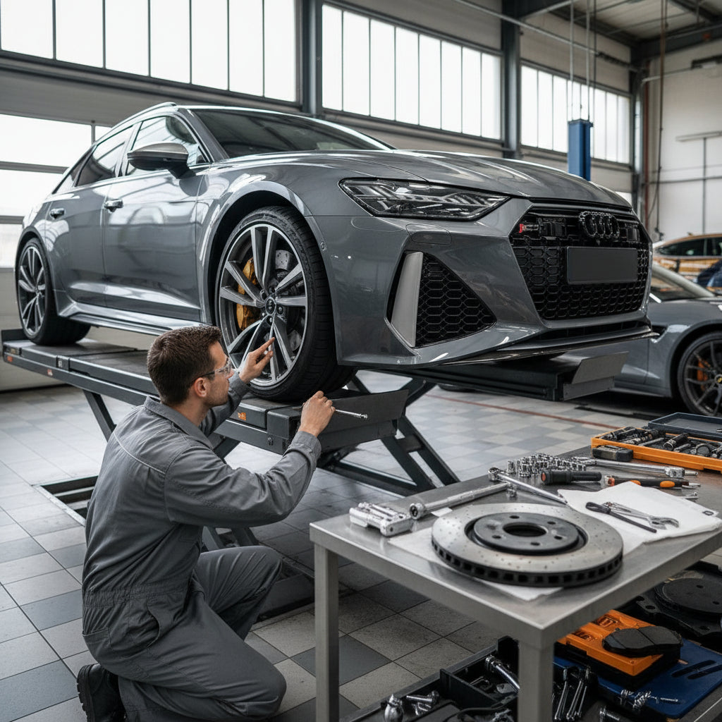 A close-up of an Audi RS6 C8 front wheel assembly featuring a 440mm carbon ceramic rotor and 10-piston caliper
