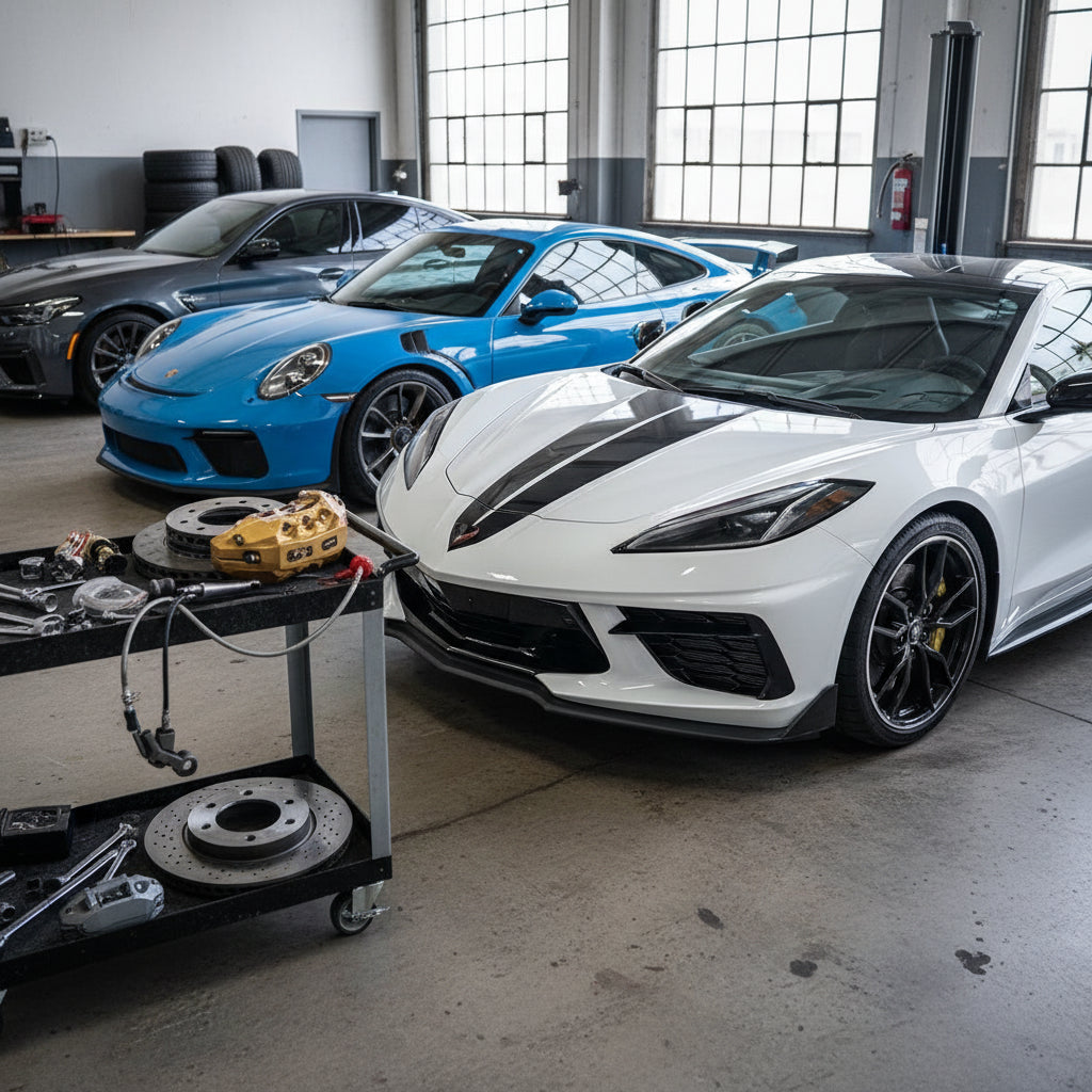 A high-performance Chevrolet Big Brake Kit featuring large carbon ceramic rotors and multi-piston calipers for track-day enth