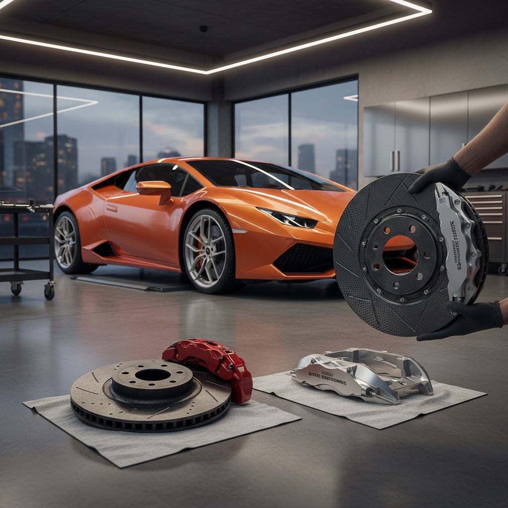A Lamborghini Huracán wheel assembly showing the transition from iron brake rotors to high-performance carbon ceramic discs