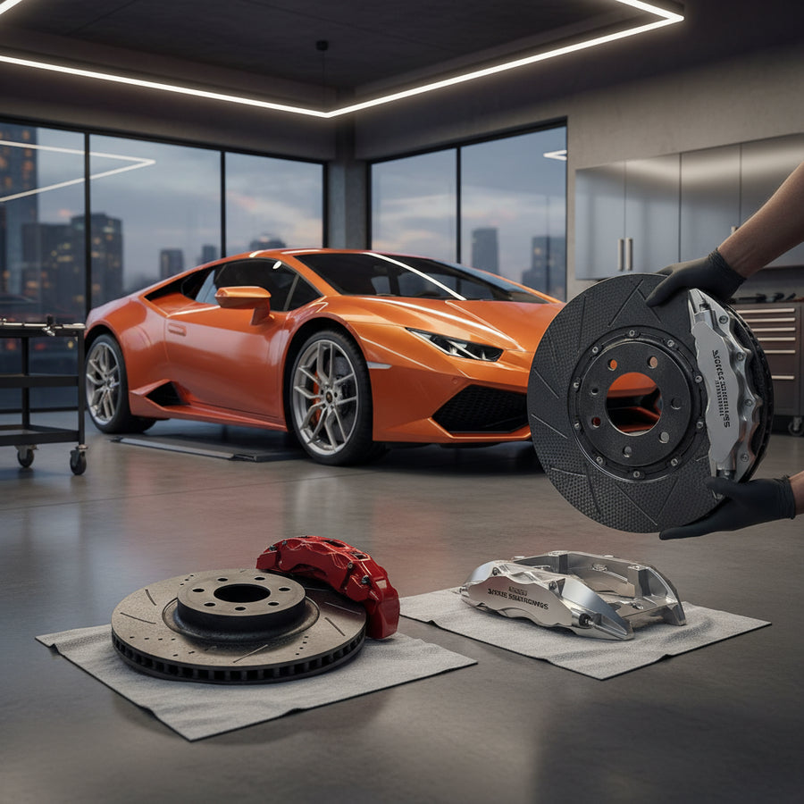 A Lamborghini Huracán wheel assembly showing the transition from iron brake rotors to high-performance carbon ceramic discs