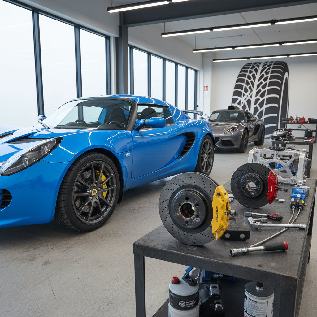 A high-performance carbon ceramic brake rotor and caliper assembly designed for lightweight sports cars like the Lotus Elise