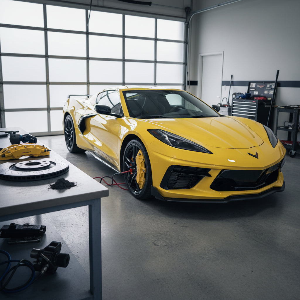 A close-up of the carbon ceramic brake system on a Chevrolet Corvette C8 Z06 featuring cross-drilled rotors and Brembo calipe