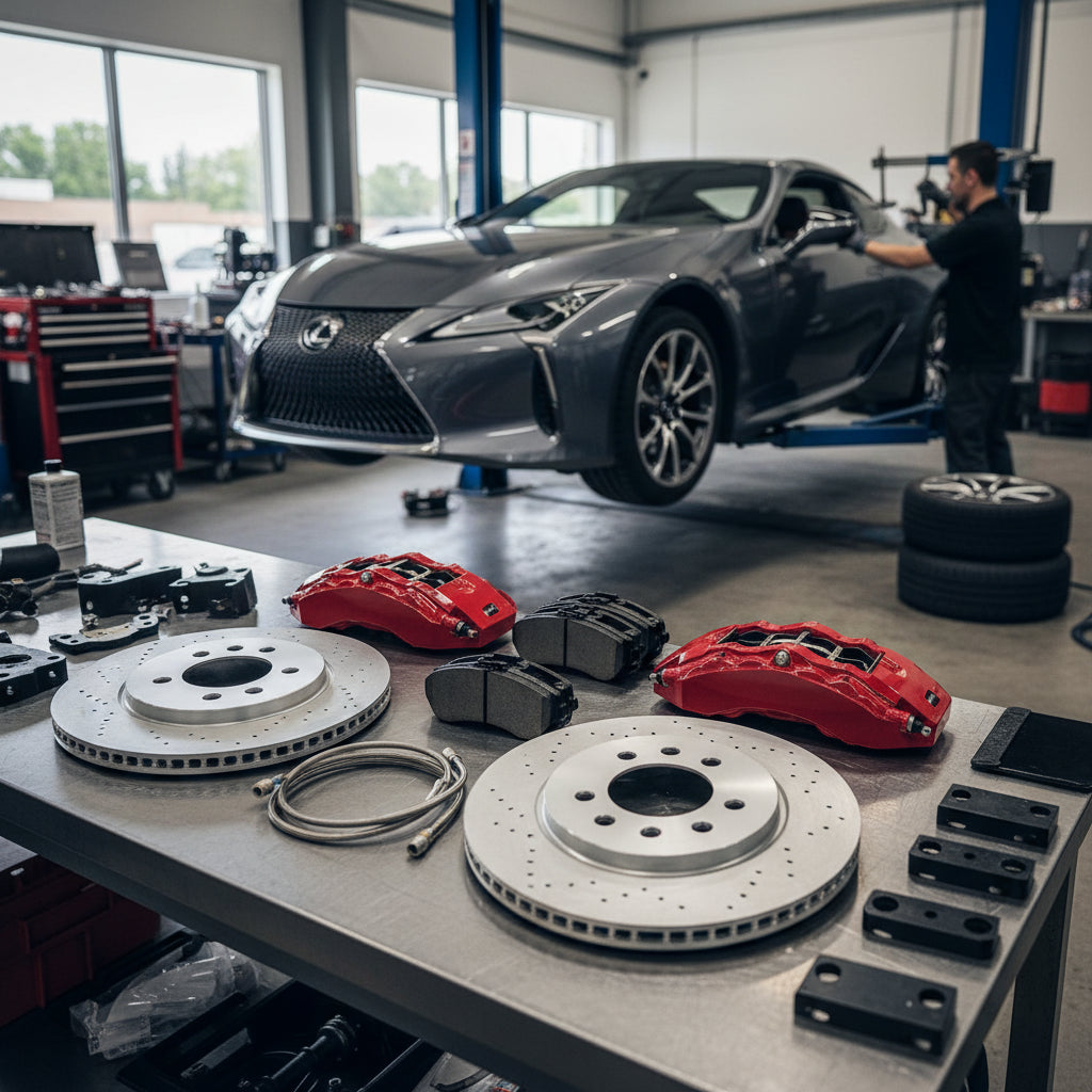A high-performance Big Brake Kit with carbon ceramic rotors and multi-piston calipers installed on a luxury vehicle