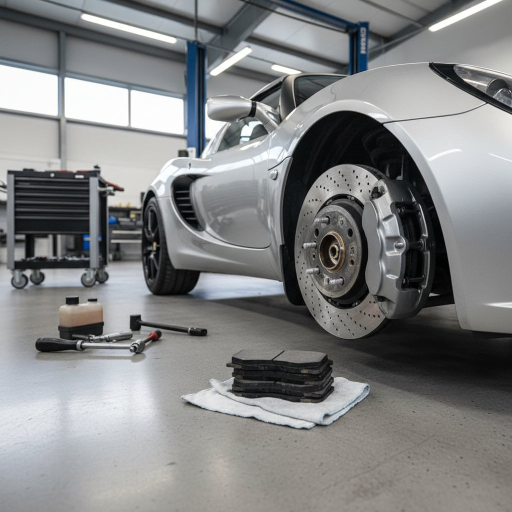 A high-performance brake assembly on a Lotus Exige showing the caliper and performance brake pad fitment