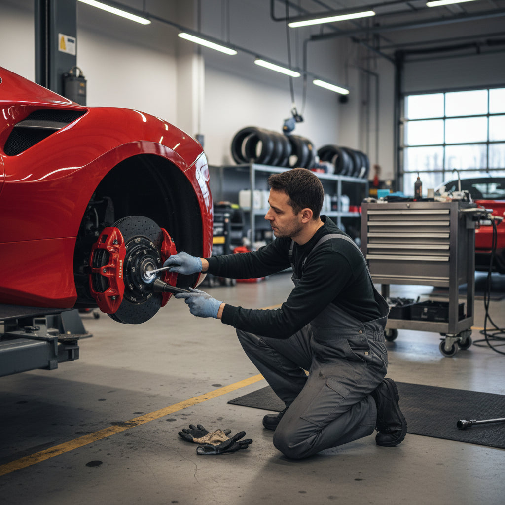 A detailed view of the carbon ceramic brake rotor and yellow caliper on a Ferrari 488 Pista