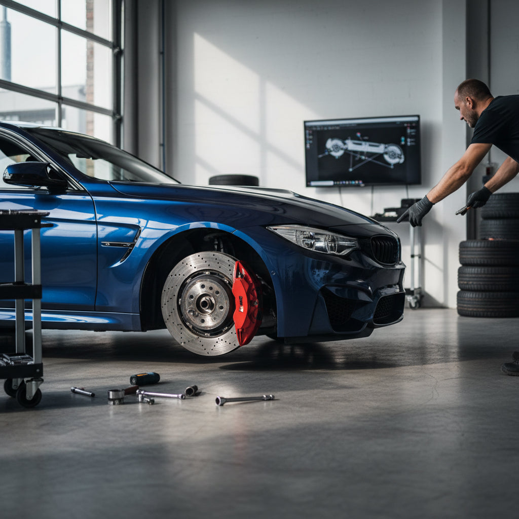 A close-up view of a BMW F80 M3 braking system showing performance rotors and calipers after high-temperature track use