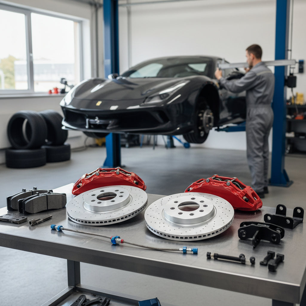 A high-performance Ferrari Big Brake Kit featuring carbon ceramic rotors and multi-piston calipers installed behind alloy whe
