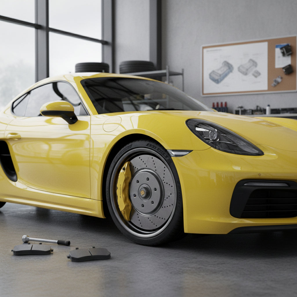 A Porsche Cayman wheel showcasing the signature yellow calipers and carbon ceramic brake rotors used in the PCCB system