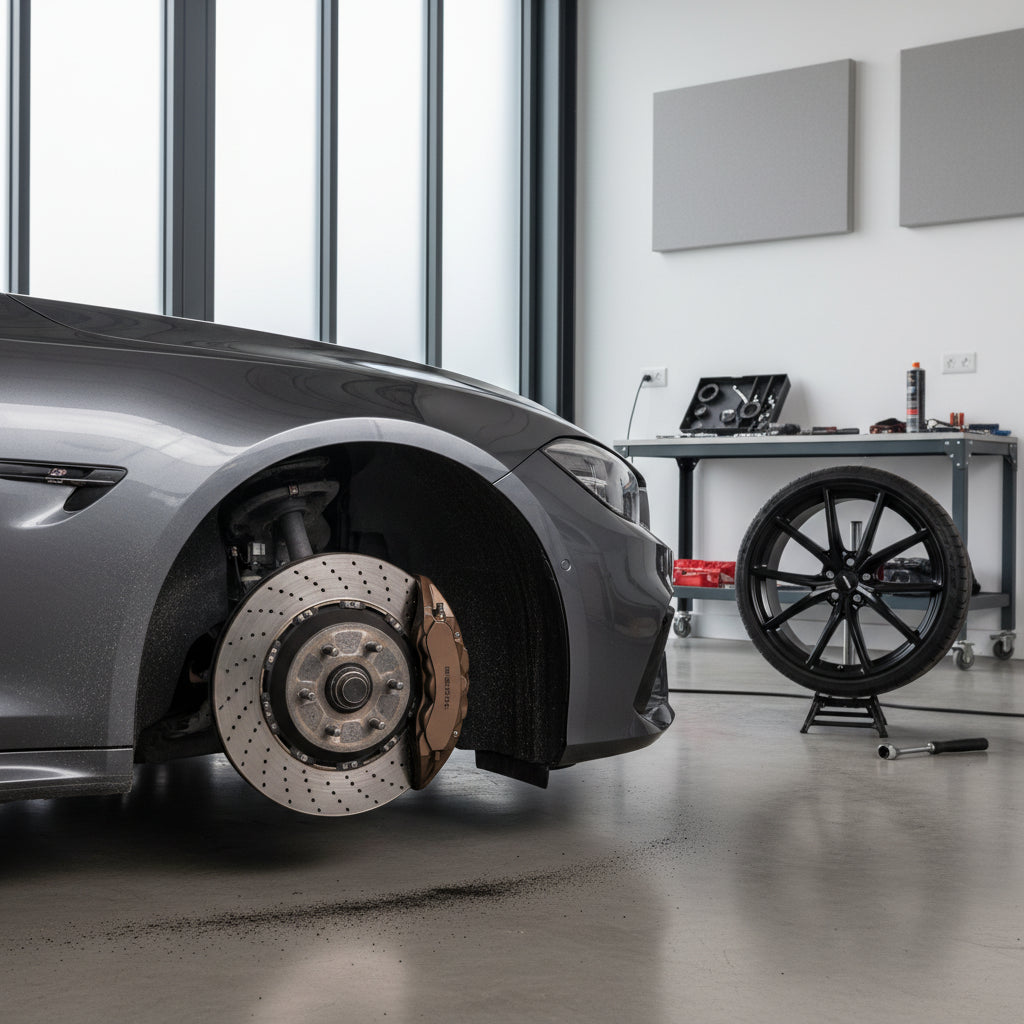 A close-up of a Mercedes-Benz AMG GT wheel covered in dark gray brake dust shortly after a car wash