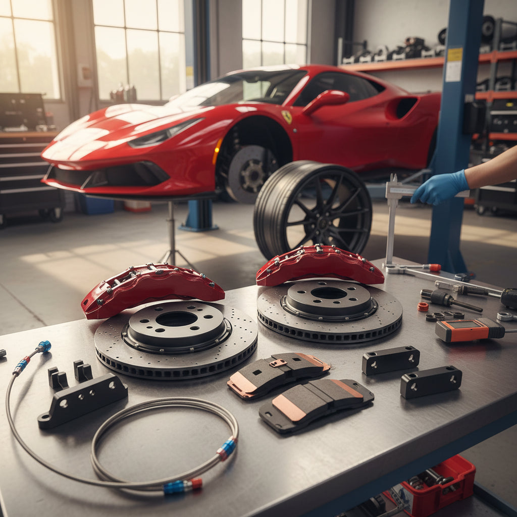 A high-performance Ferrari Big Brake Kit featuring carbon ceramic rotors and multi-piston calipers for track and street use