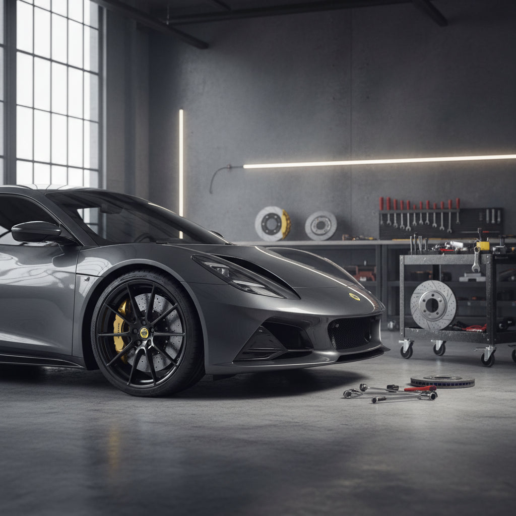 A high-performance carbon-ceramic brake rotor and multi-piston caliper assembly fitted to a Lotus sports car