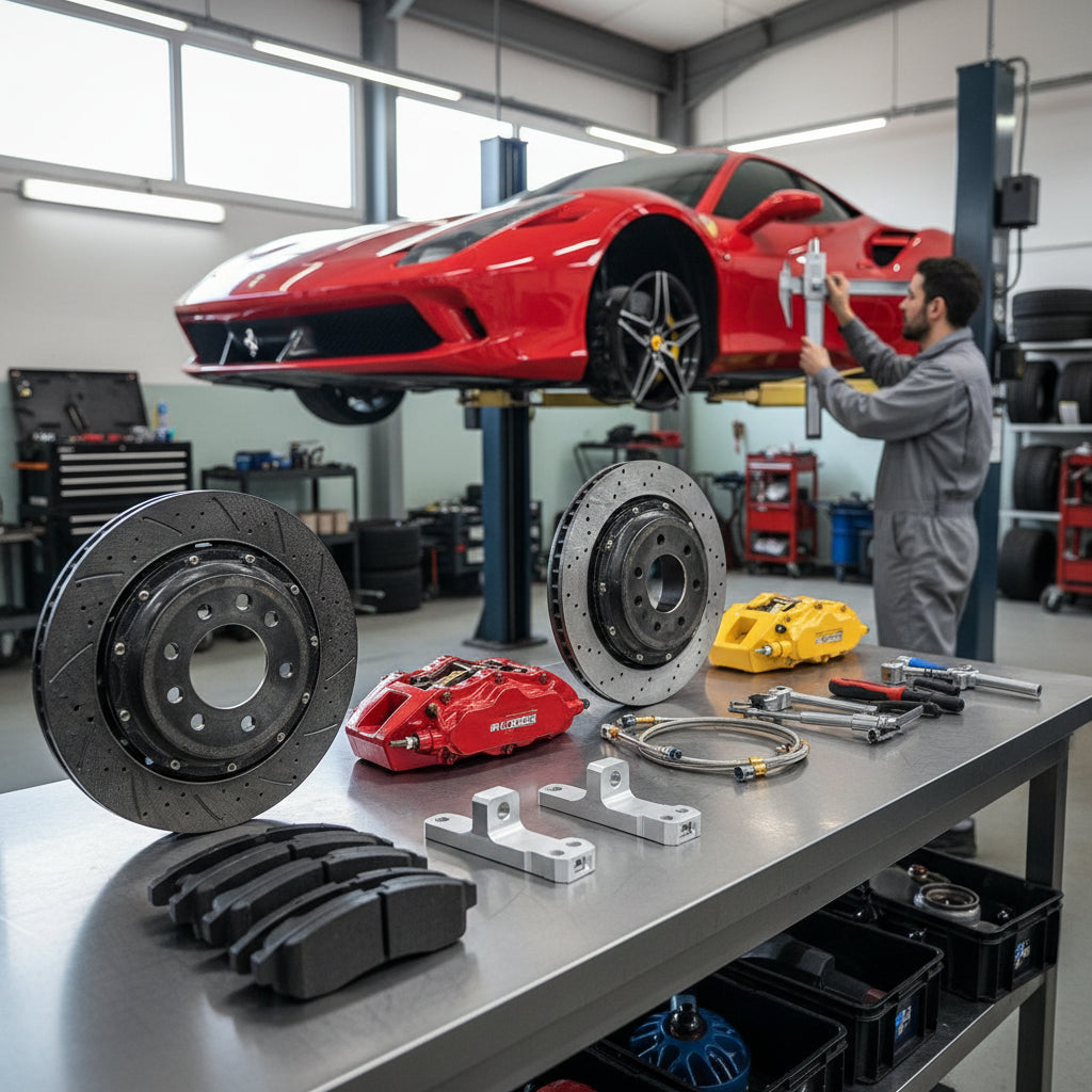 A high-performance Ferrari Big Brake Kit featuring carbon ceramic rotors and multi-piston calipers