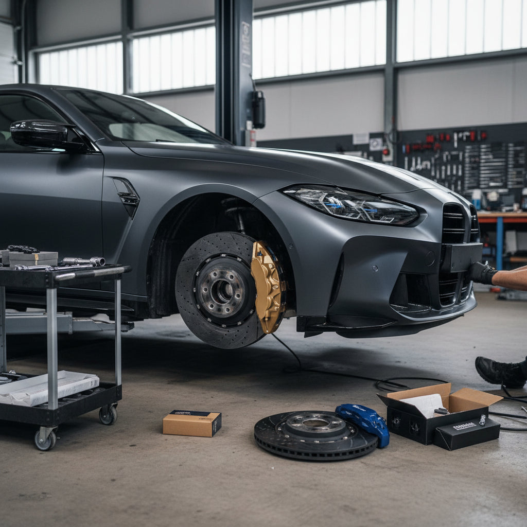A close-up of the gold-painted multi-piston calipers and large carbon ceramic rotors on a G80 BMW M3