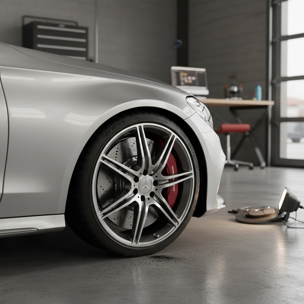 Close-up of a carbon ceramic brake rotor on a Mercedes-Benz C300 Sport showing the silicon carbide friction surface