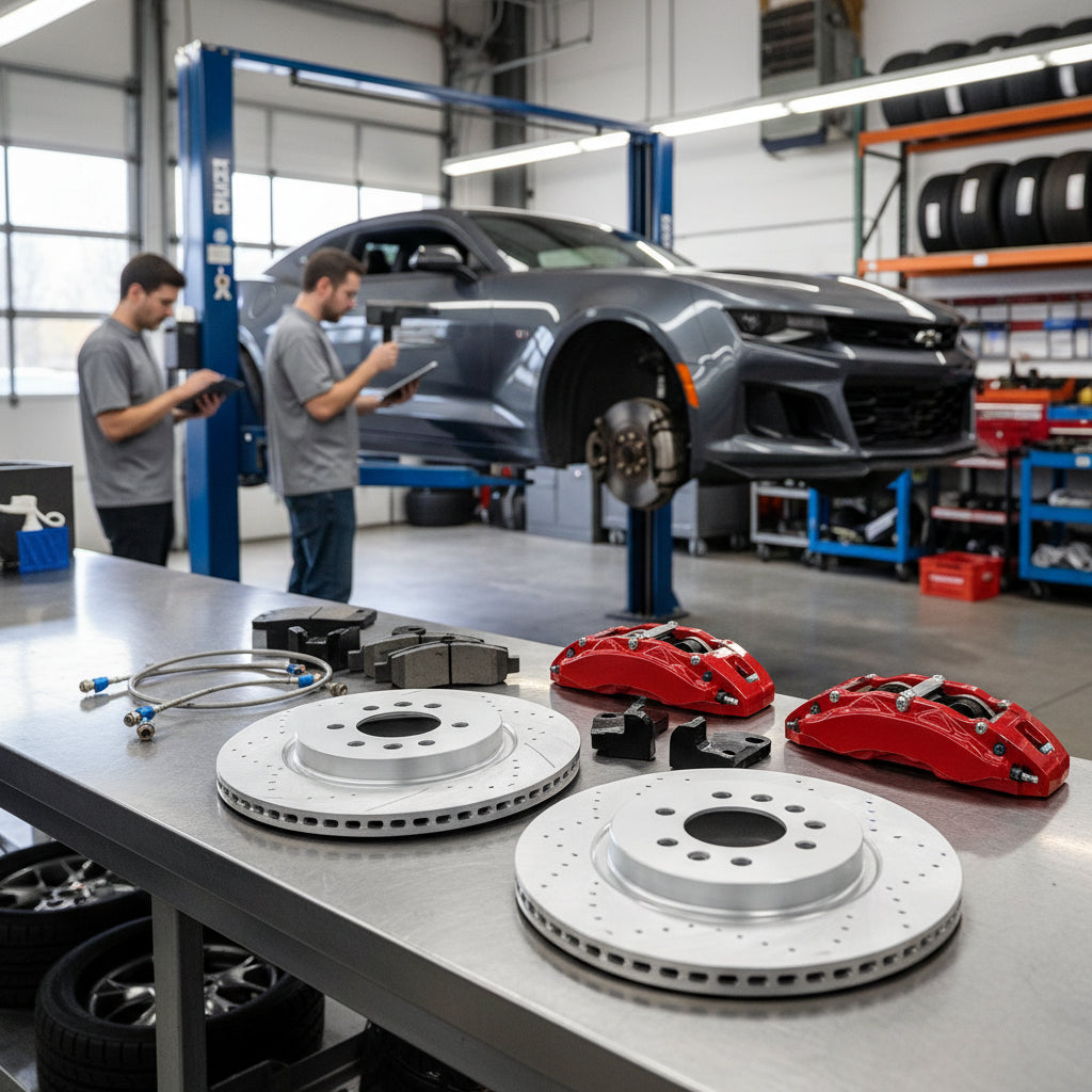 A high-performance Chevrolet Big Brake Kit featuring large multi-piston calipers and ventilated rotors installed on a vehicle