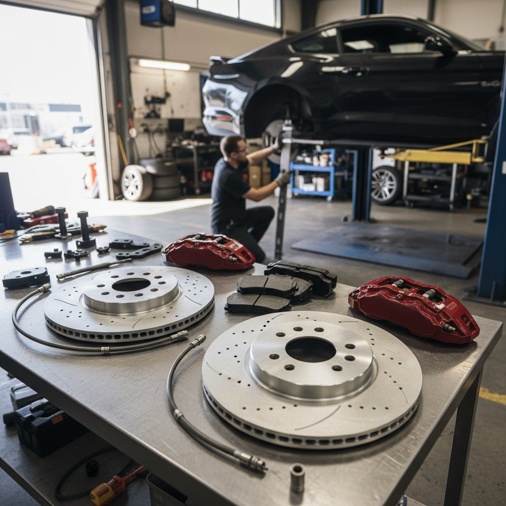 A high-performance Ford Big Brake Kit featuring oversized rotors and multi-piston calipers installed on a Shelby GT500
