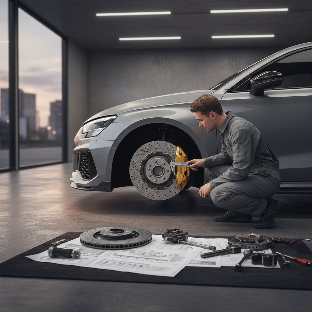 Close-up of a high-performance carbon ceramic brake rotor and 6-piston caliper installed on an Audi RS3 8Y chassis