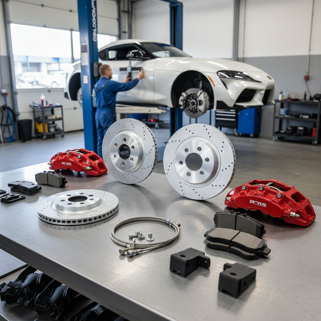 A high-performance Toyota Big Brake Kit assembly including multi-piston calipers and large diameter carbon ceramic rotors for
