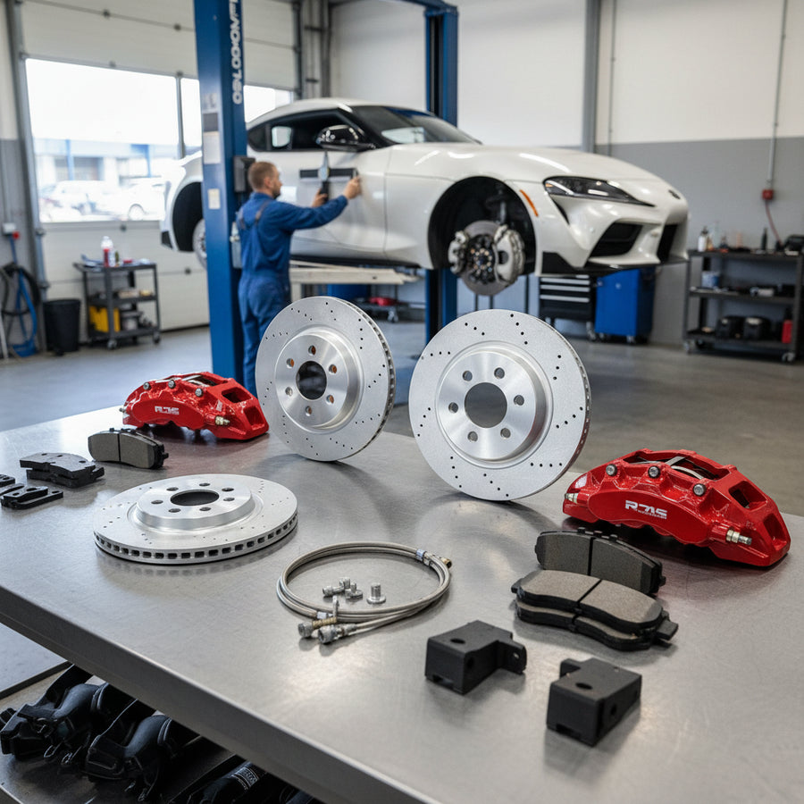 A high-performance Toyota Big Brake Kit assembly including multi-piston calipers and large diameter carbon ceramic rotors for