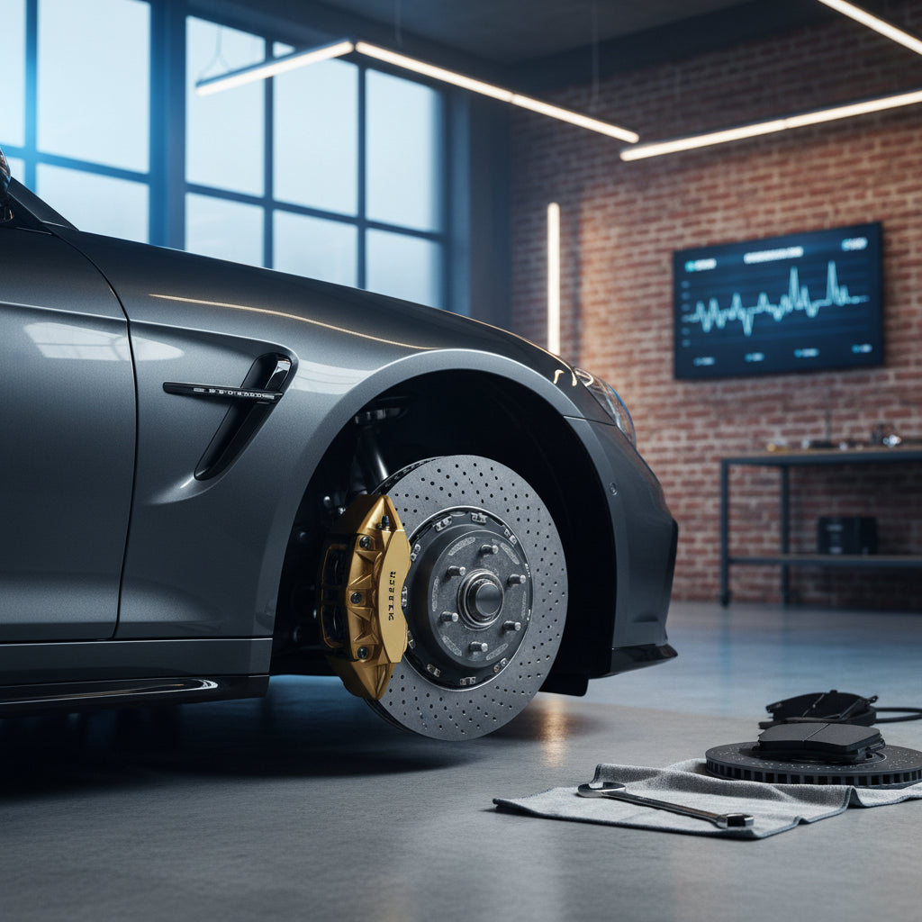 A close-up view of a Mercedes-AMG carbon ceramic brake rotor and gold caliper showing the surface texture and pad interface